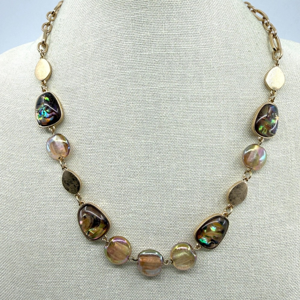 Iridescent Abalone Shell Gold Tone Statement Necklace - Elegant Boho